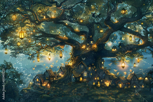 Fototapeta A detailed illustration of a fairy village nestled in the branches of a giant tree, with tiny houses, lanterns, and fairies flying around, creating a magical scene 
