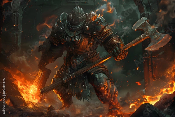 Fototapeta A detailed illustration of a fierce dragonborn warrior in full battle armor, wielding a massive axe, with flames and smoke swirling around them, set in a dark and ominous dungeon
