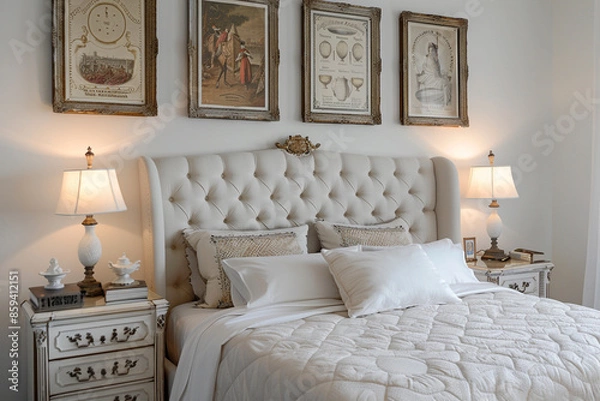 Fototapeta An elegant white bedroom with a tufted headboard, soft lighting, and vintage-style posters above the bed.