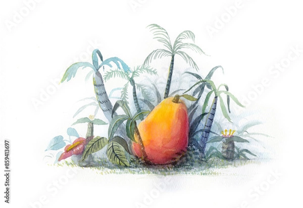 Fototapeta ジャングルの森に落ちている果物マンゴーの水彩イラスト