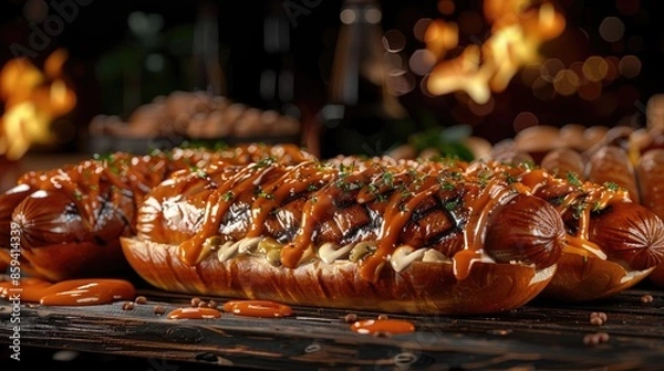 Fototapeta A delicious hot dog topped with caramelized onions and drizzled with spicy sauce on a grilled bun. Perfect for a summer barbecue.