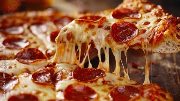 Obraz Close-up of a cheesy pepperoni pizza slice being pulled away