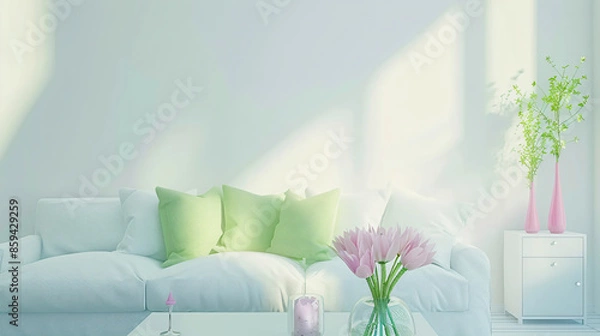 Fototapeta Minimalist Living Room Interior Design with White Sofa and Green Pillows.