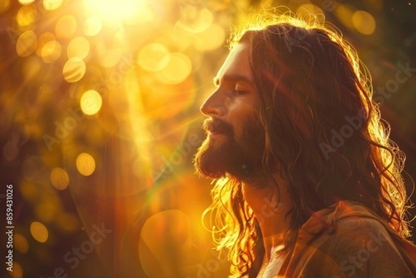 Fototapeta Portrait of a man with long hair and a beard, suitable for use in fantasy or historical contexts