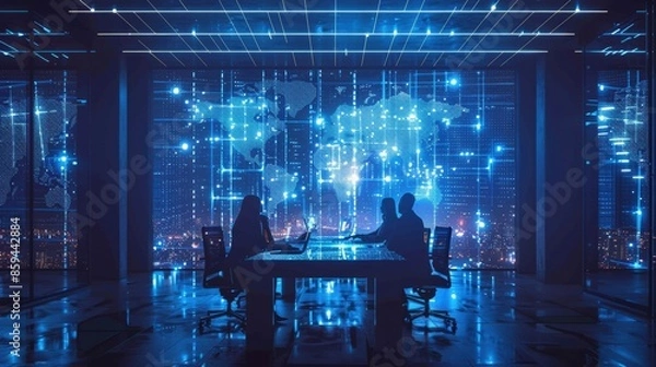 Obraz Business team strategizing in futuristic office with digital world map overlay, representing global networking and technology.
