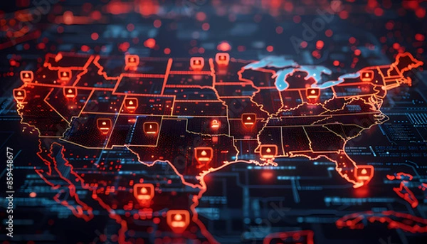 Obraz Digital Guardians: Safeguarding the Nation's Data, map of the USA with guardian-like cybersecurity icons positioned over key cities, vigilance over national data assets