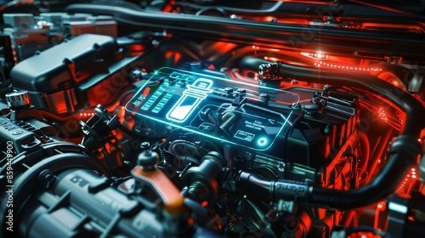 Fototapeta Futuristic Engine Maintenance Concept with Holographic Oil Can Icon and Schedule Projection in Engine Bay