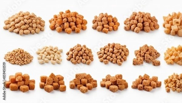 Fototapeta Set of different kinds rye and wheat croutons isolated on white background. Collection of salty snacks for beer