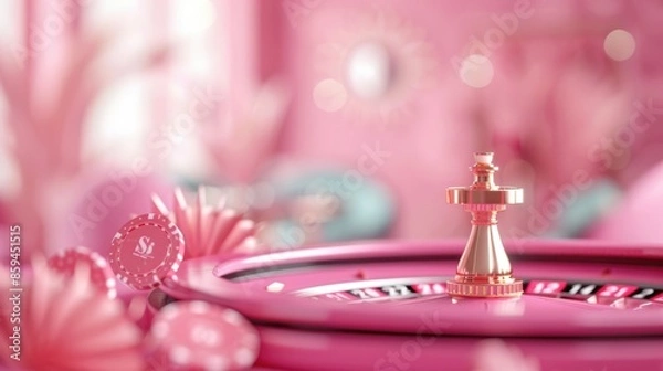 Fototapeta A modern and stylish casino interior in shades of pink, showcasing a roulette table. The minimalist design and ample copy space make this image perfect for promotional use.