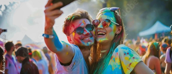 Fototapeta A vibrant couple smiles energetically, smeared with colorful paint, capturing a joyful moment at a lively festival.