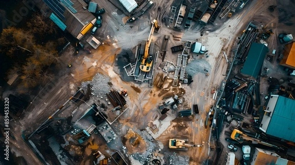 Fototapeta Bustling Construction Site with Heavy Machinery and Towering Skyscrapers in the Background