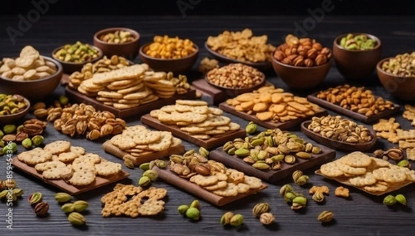 Fototapeta crackers in assortment with different tastes and different shapes and fried salted pistachios are laid out on a wooden substrate. Snacks in assortment on a dark background