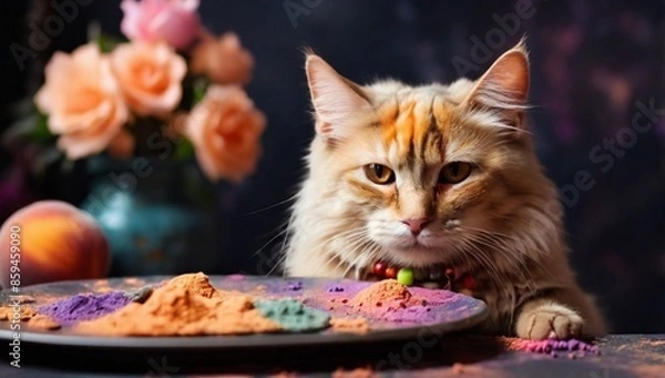 Fototapeta a peach-beige beautiful cat sits close-up on a dark background, on her muzzle there are multi-colored colors of Holi, next to a plate with paints. Pets and Indian Spring Festival Holi