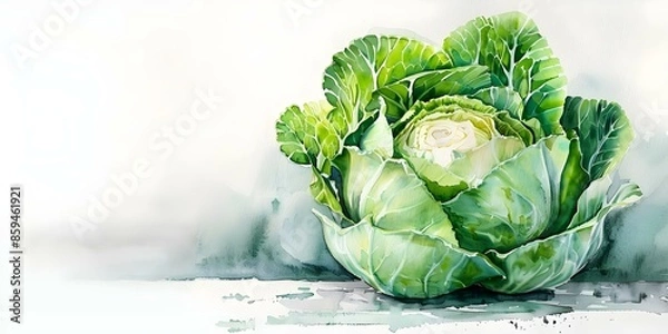 Obraz Freshness of Napa Cabbage Captured in Watercolor Painting on White Background. Concept Napa Cabbage, Watercolor Painting, White Background, Freshness, Artistic Capture
