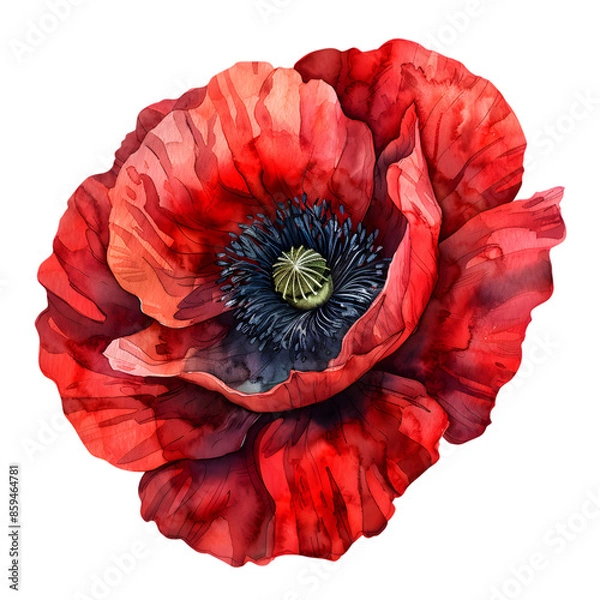 Fototapeta A watercolor painting of a vibrant red poppy with detailed petals, isolated on a transparent background 