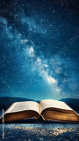 Fototapeta Magical image of open antique book over wooden table with glitter overlay