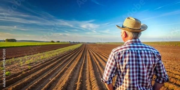 Fototapeta Farmer Contemplating a Field of Crops
