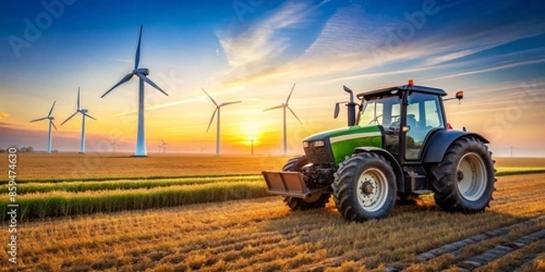 Fototapeta Green Tractor in a Field of Wind Turbines at Sunset