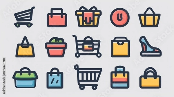 Fototapeta A set of 2D icons for e-commerce apps and websites. This collection includes icons for shopping carts, wishlists, and order tracking, all designed with a sleek and straightforward style. These icons