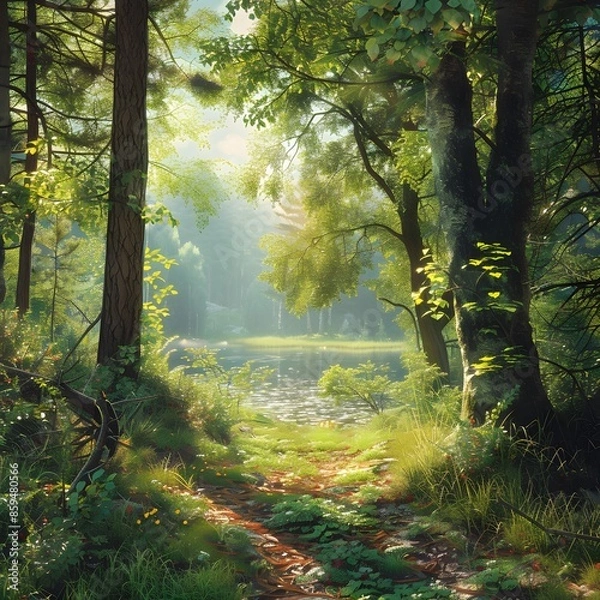 Fototapeta Tranquil Forest Oasis: Serene Lake, Lush Foliage, and Sunlit Pathway in Nature's Embrace