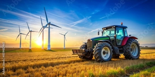 Fototapeta Tractor and Windmills on a Field at Sunset