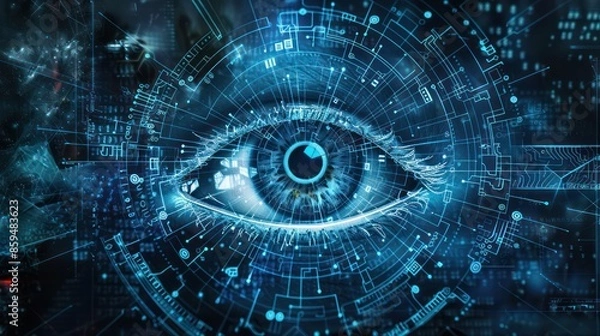 Obraz An eye-shaped artificial intelligence code surrounded by digital complexity in the form of a futuristic vision