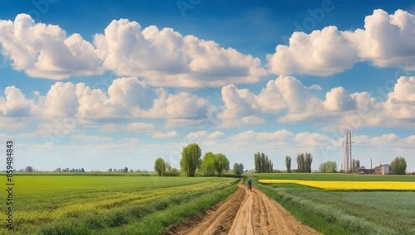 Fototapeta Picturesque picture in the field. Bicycle ride through the fields.Agro-industrial fields.Spring fields of central Ukraine.Hanging clouds along the fields.