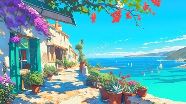 Fototapeta A landscape of Mediteranean sea coast with beautiful courtyard full of blossoms