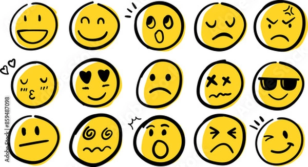 Fototapeta Doodle Emoticon Face Icon Set. Hand Drawn Sketch Emoji with Different Emotion and Mood.