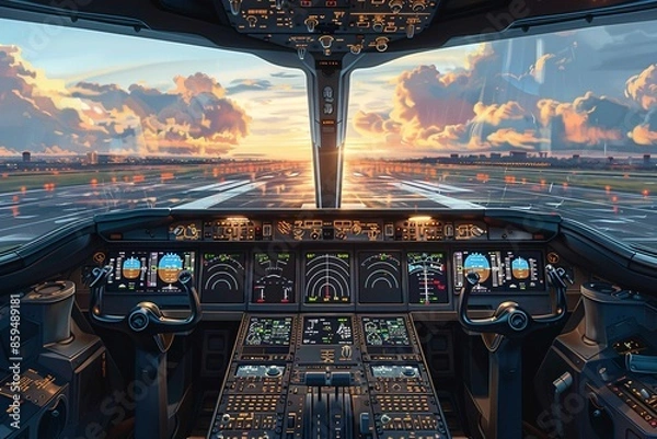 Obraz Cockpit perspective during airplane takeoff.