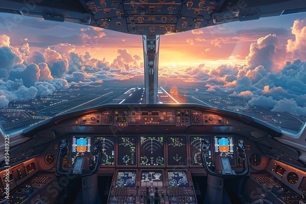 Fototapeta Takeoff view from inside airplane cockpit.