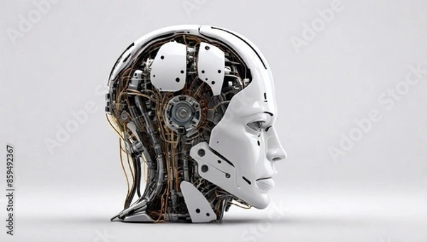 Obraz AI Artificial Intelligence Robot Head with digital graphic Brain Engine inside Isolated on white background with clipping path, 3D rendering