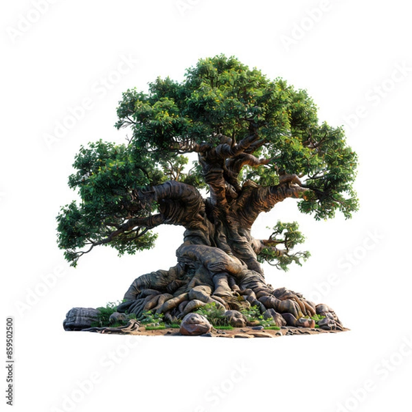 Fototapeta baobab tree with thick trunk and sparse canopy, sharp clipart-style outlines, isolated on crisp white background