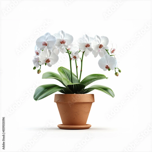 Fototapeta Hyper-realistic potted orchid with delicate white blooms, terracotta pot with visible texture, clipart-style clarity on white background