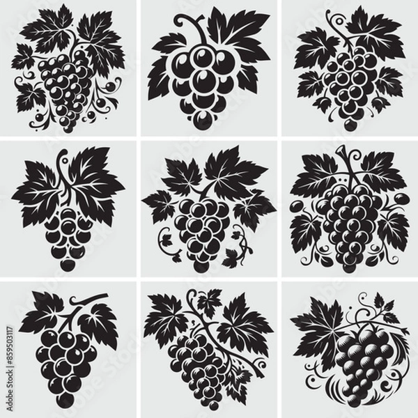 Fototapeta Set of vector art illustration Grapes logo featuring grapes with leaves on a tree. Generative AI