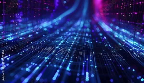 Fototapeta A digital web of lines and glowing dots, representing the complex network that is data visualization in artificial intelligence, set against an abstract dark background with blue