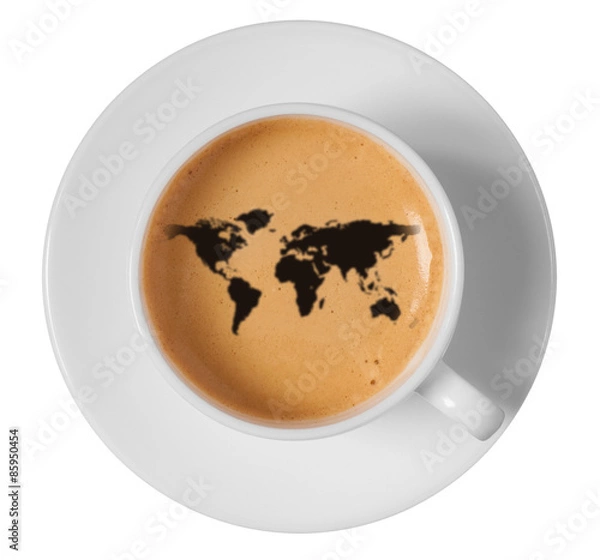 Obraz world map drawing art on coffee foam in cup