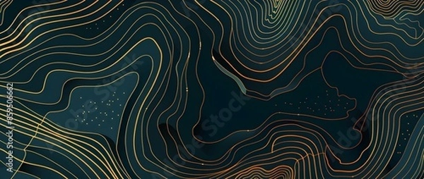 Fototapeta Vector illustration of topographic lines on a dark blue background, with a simple and minimalistic design featuring golden outlines. This could be a modern poster or banner