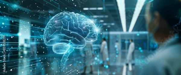 Fototapeta Abstract futuristic digital medical technology background, with a holographic human brain and many numbers as the background, a blurred hospital room