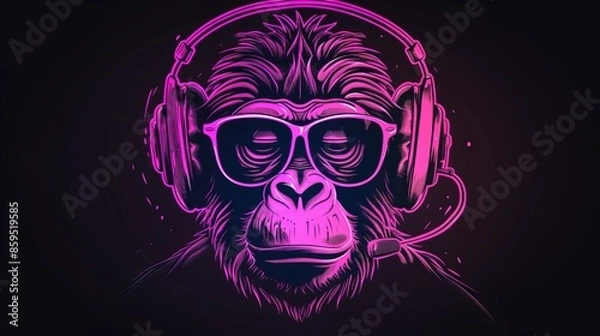 Fototapeta pink shiny monkey with sunglasses and headphones agains black background. synthwave monk. Illustrations