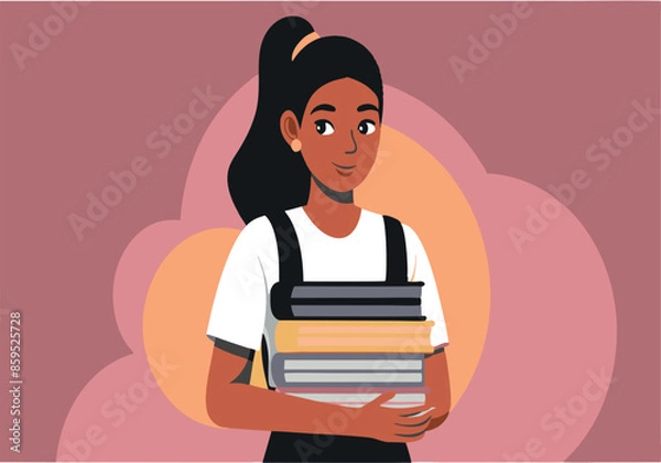 Fototapeta A young woman is holding a stack of books