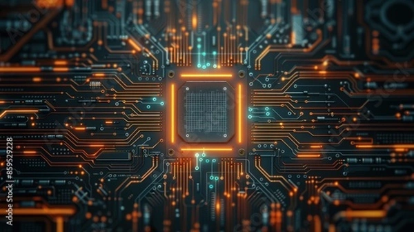 Fototapeta top-down shot of an orange and blue neon-lit chip circuit board digital network and artificial intelligence