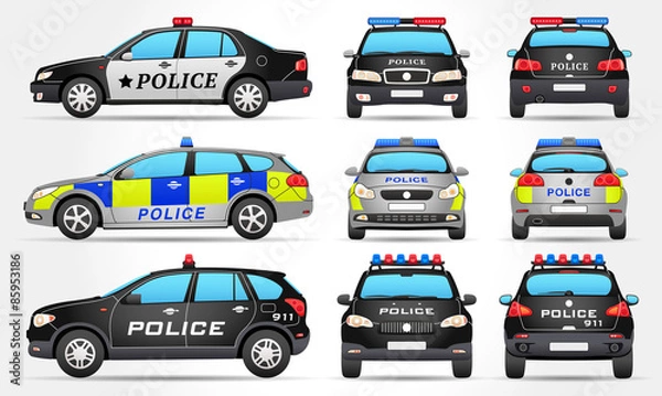 Fototapeta Vector Police Cars - Side - Front - Back view