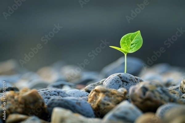 Fototapeta A young plant grows out of the pebbles, symbolizing stability and growth, symbolizing hope and renewal