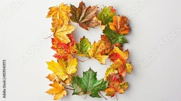 Fototapeta Colorful autumn maple leaves arranged in letter B shape on white background viewed from above