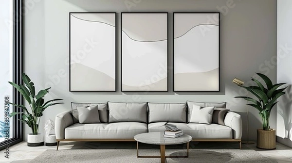 Obraz empty mockup posters frame wall in modern interior living room background Frame mockup Living room wall poster mockup. Interior mockup with house background. Modern interior design.