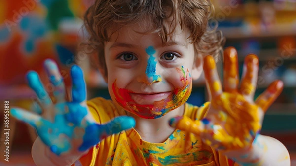 Obraz School kid doing art homework. Arts and crafts for kids. Paint on children hands. Creative little artist at work.