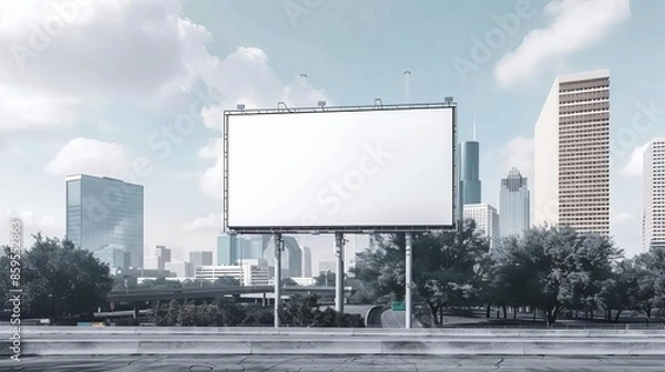 Obraz Blank billboard on a freeway in Houston, with the city skyline, 3D render, no light from frame, modern, realistic