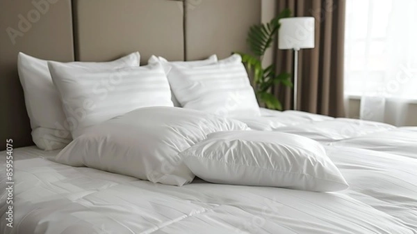 Fototapeta White bed linen and pillows in a hotel room background, closeup.