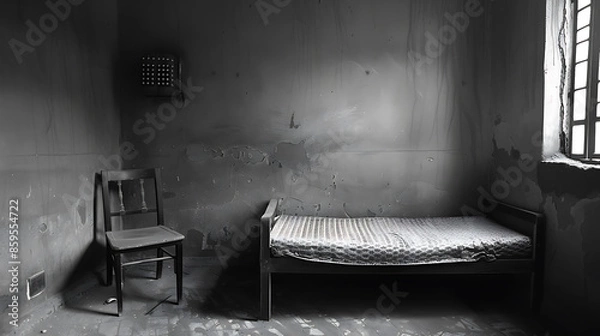 Fototapeta Vertical grayscale shot of a sparse room with a single chair and mattress